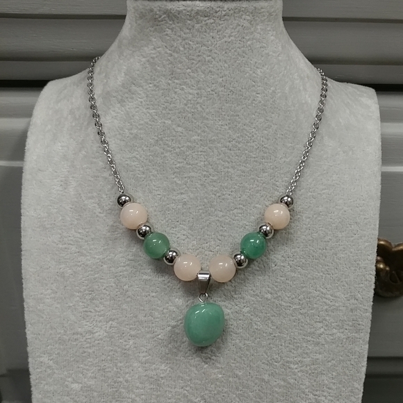 Aventurine Necklace Natural Gemstone Pendant Beads Stainless-Steel Green & Peach - Picture 3 of 17